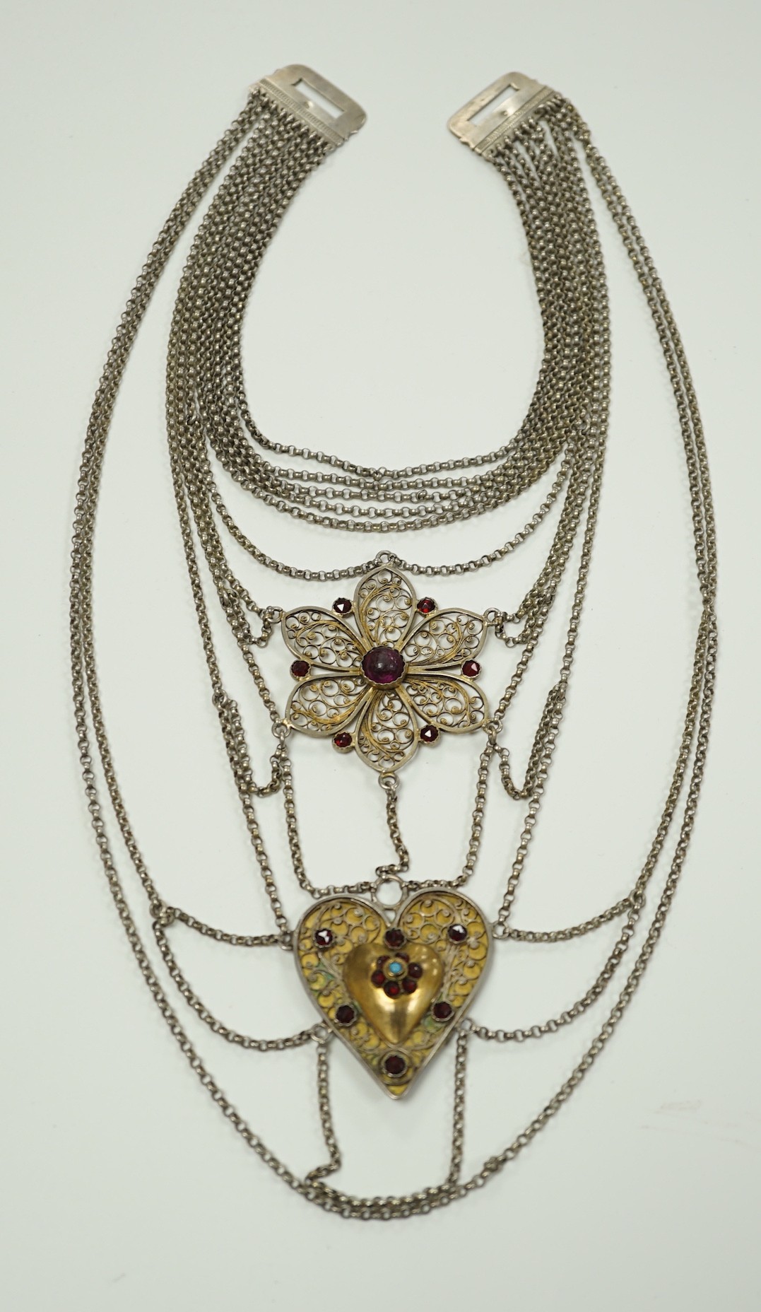 A 19th century Austro-Hungarian? white metal and semi-precious gem set multi chain necklace, 62cm.